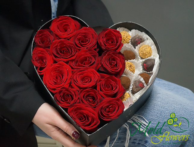 Black Heart with Red Roses and Truffle Chocolates photo